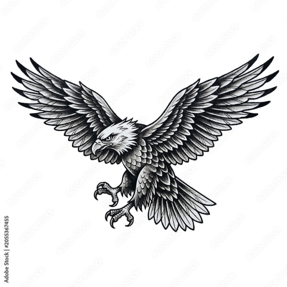 Obraz premium Bald Eagle Flying with Wings Spread in Dynamic Black and White Illustration