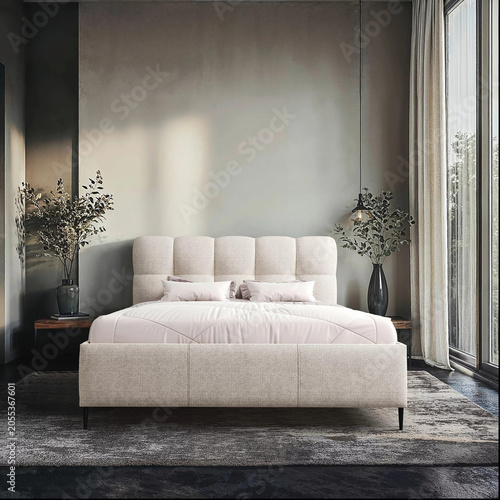 Modern luxury bedroom interior in minimal scandinavian style, 3d render