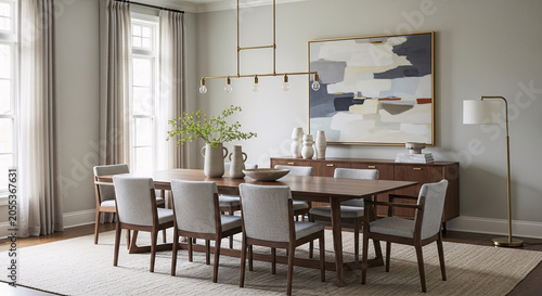 Modern dining room interior with wooden table, abstract wall art, and brass chandelier