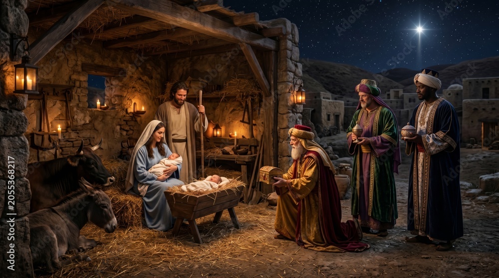 Obraz premium Nativity scene with woman Mary, man Joseph, baby Jesus, and three wise men bringing gifts. Traditional Christmas story set in Bethlehem stable. Religious holiday religious celebration.