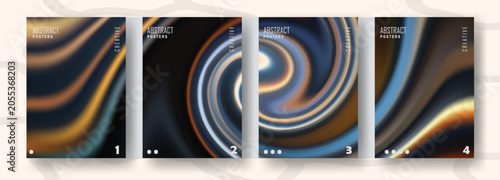 Abstract dark fluid metallic wave posters with glowing gold and blue liquid swirls.