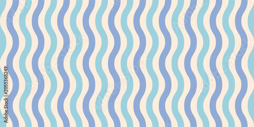 Blue wavy line seamless pattern. Minimalist vertical zigzag stripes on beige background. Retro aesthetic style graphic element for wallpaper, fabric, wrapping paper, and web design.