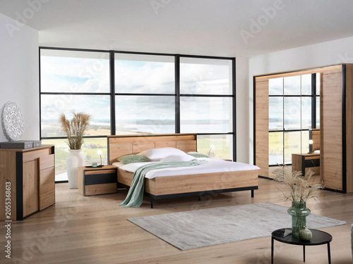 Modern luxury bedroom interior in minimal scandinavian style, 3d render