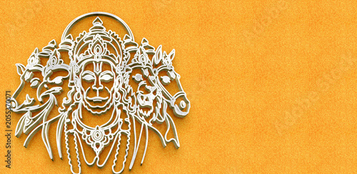 Bild auf Leinwand Panchamukhi Hanuman Five Faced Lord Hanuman 3D Silhouette Design on Saffron Text