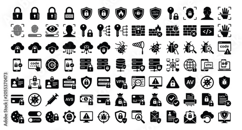 Canvas-taulu An asset collection sheet of 50 distinct vector silhouette icons and symbols dedicated to Cybersecurity and Data Privacy