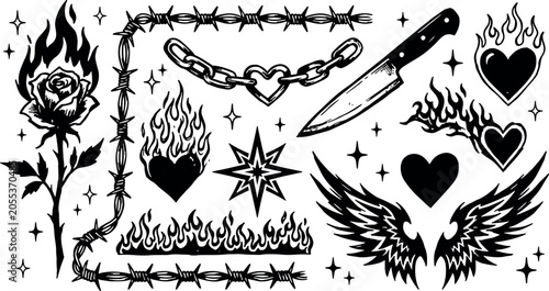 Collection of dark aesthetic gothic tattoo elements and symbols with tattoo flash body art tattoo design aesthetic illustration mystical ornament symbolism art style