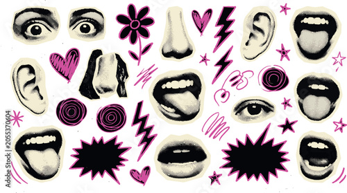 Pop art style set of human facial features and abstract elements with tongue out pop culture expression illustration abstract lightning creative decoration elements colorful