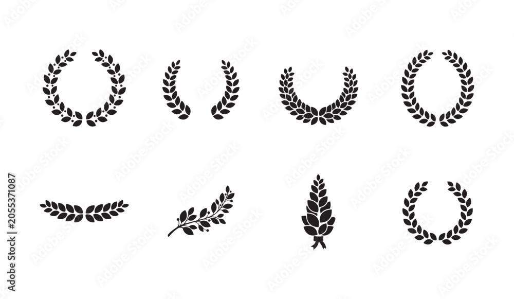Obraz premium Set of laurel wreath icons for award ceremonies and victory symbols in flat black style.