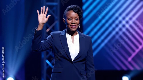Confident business presenter waving on stage lights