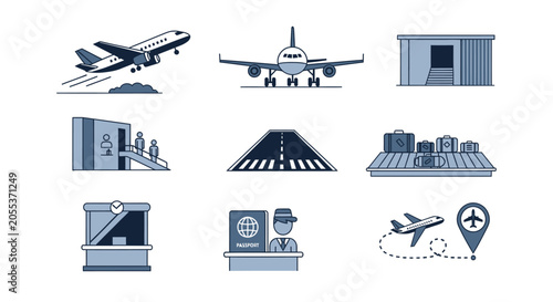 A collection of nine flat design icons depicting various aspects of air travel, including airplanes, an airport terminal, runway, boarding gate, baggage claim, passport control, and flight path
