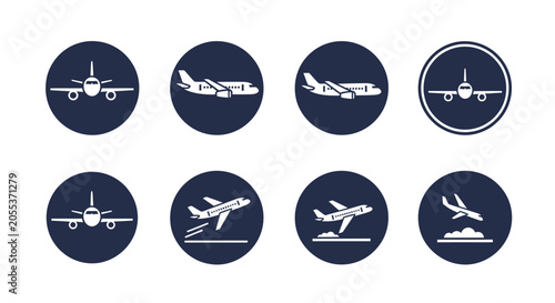 Collection of simple airplane icons on a dark blue background, illustrating different flight stages