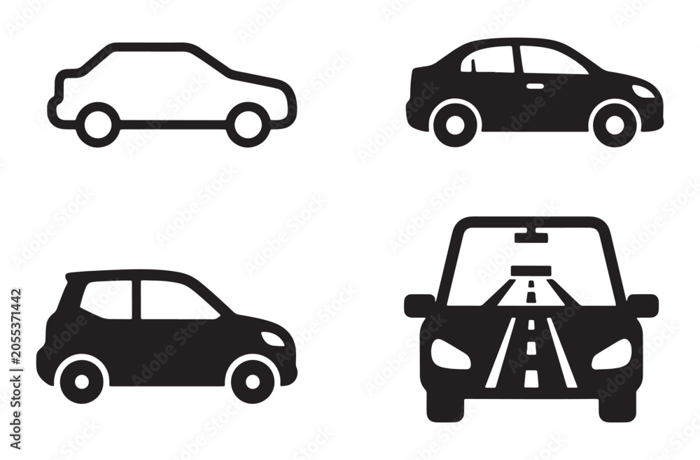 Fototapeta premium Collection of car icons featuring different vehicle types including sedan hatchback and front view with silhouette and outline styles for automotive transportation and travel related design projects