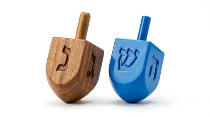Traditional wooden and blue plastic dreidels for hanukkah clipart