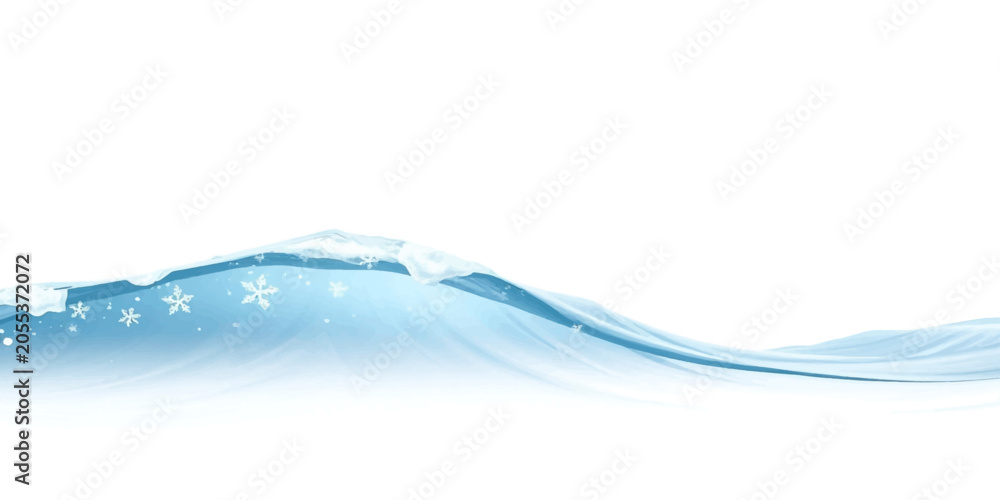Ταπετσαρία A beautiful, flowing wave of crystal-clear water crashes with gentle foam, adorned with delicate snowflakes, evoking a sense of cool serenity and winter's touch