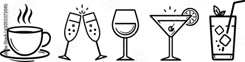 Beverage line icon collection with coffee cup, wine glass, martini, soda drink, and toasting champagne flutes for cafe and bar menus. eps