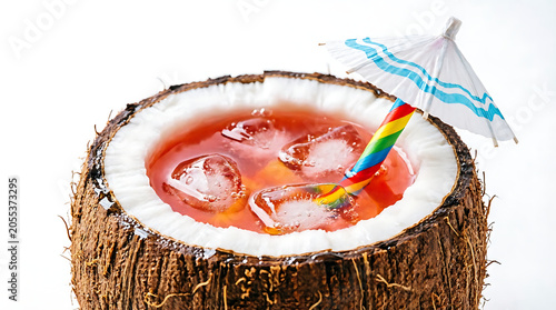 Coconut milk drink served in a coconut with a straw