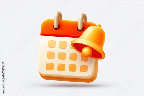 Isolated calendar 3D icon with notification bell on white background