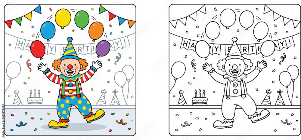 Fototapeta premium Cartoon clown juggling balloons coloring book page and color illustration for kids birthday party celebration vector template