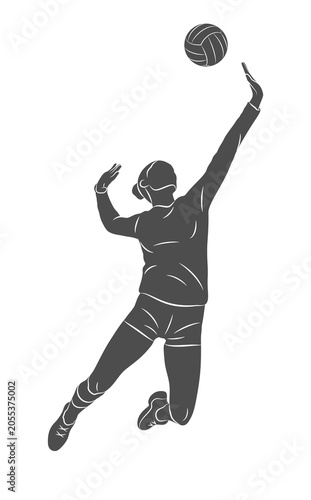 Silhouette of a volleyball player on white background. Volleyball player woman hits the ball. Vector illustration