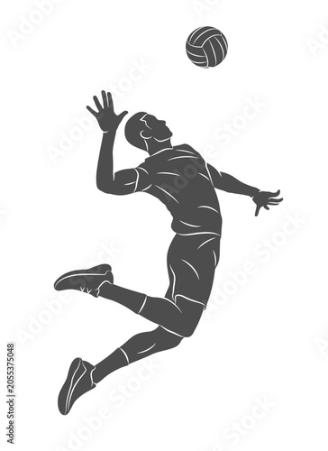 Silhouette of a volleyball player on white background. Volleyball player man hits the ball. Vector illustration