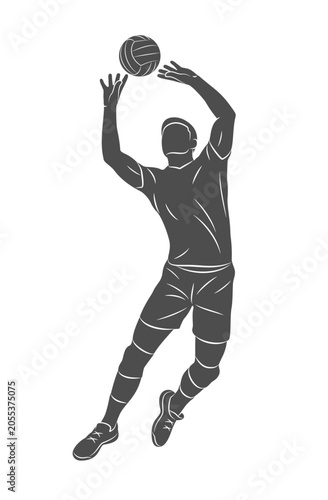 Silhouette of a volleyball player on white background. Volleyball player man hits the ball. Vector illustration