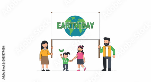 Family Holding Earth Day Banner with Globe and Sprout, Environmental Awareness Flat Vector Illustration for Sustainability and Climate Action Campaign