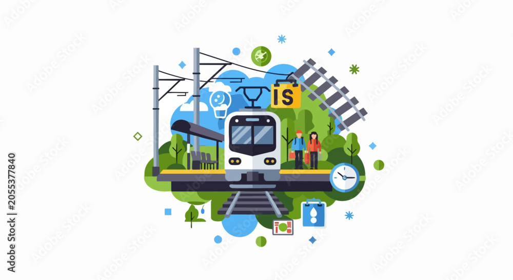 Fototapeta premium Modern Train Station Illustration with Passengers and Eco-Friendly Urban Transport Concept