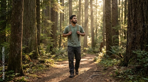 Young Hispanic Man with Backpack Hiking on Forest Trail in Sun-Drenched Woods