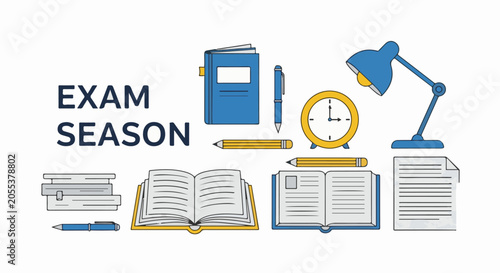 A collection of school supplies, including books, pencils, a lamp, and a clock, representing exam season