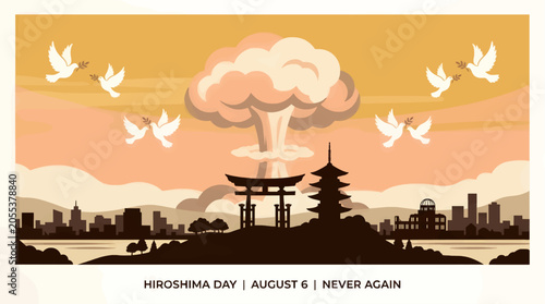 Bild auf Leinwand Hiroshima Day Illustration: Mushroom Cloud Explosion Over City Skyline with Tori
