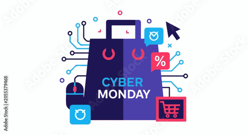 A digital shopping bag with icons for discounts, time, and cart