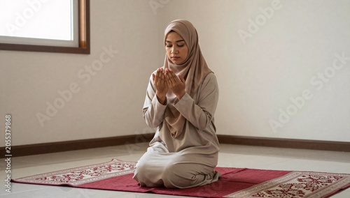 Young muslim woman is praying in the room near the window at home