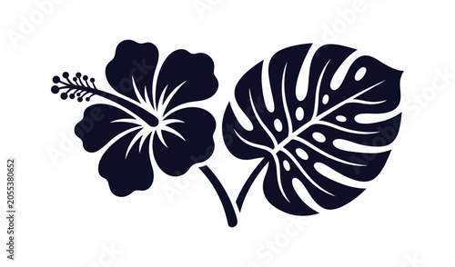 A vector illustration of a hibiscus flower and a monstera leaf in dark blue on a video