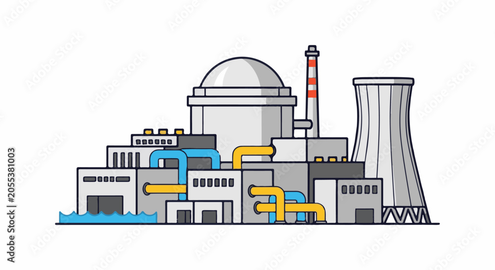 Fototapeta premium Stylized depiction of a large industrial power generation facility with a domed building and cooling tower
