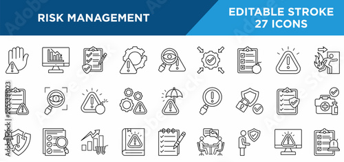 Risk management line icons set with prevention, impact, failure, loss, threat detection, assessment checklist, and risk planning concepts. Editable stroke vector collection.	
