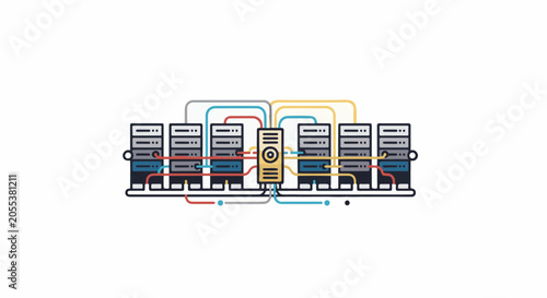 Networked servers connected with colored cables