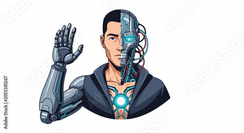 Pixel art depiction of a man with one side human and the other robotic