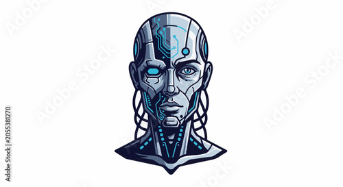 Pixel art robot face with human features and circuits