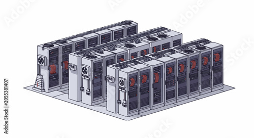 Rows of server racks with cooling fans and bundled cables, depicted in isometric pixel art