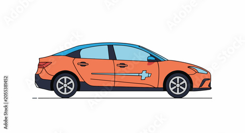 Sleek orange sedan with a blue roof stripe and a white graphic on its side