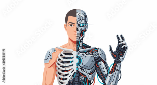 Split portrait showing human half with exposed ribs and robotic half with intricate mechanics