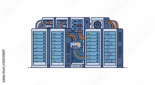 A cluster of interconnected servers with blue, orange, and grey components, set against a white background