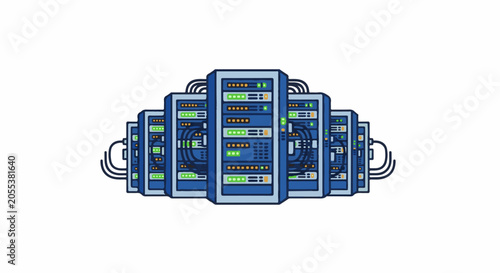 A colorful illustration of server racks with lights and cables
