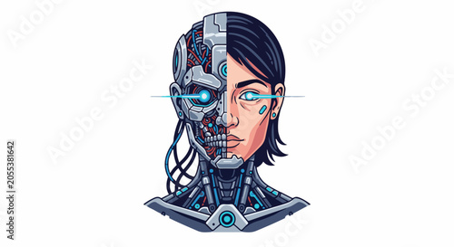 A cyborg's face splits the human half with mechanical details and glowing blue eyes