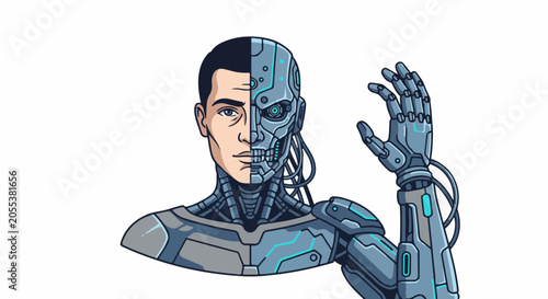 A cyborg's face shows human and machine halves, with a mechanical hand raised