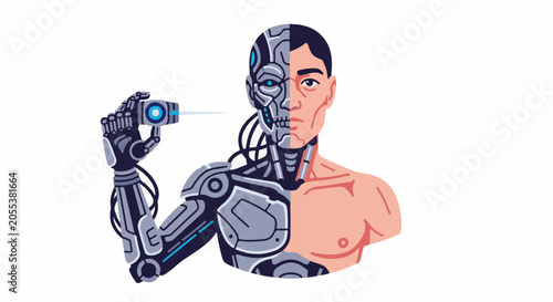 A cyborg's mechanical hand holds a glowing device, bridging flesh and machine