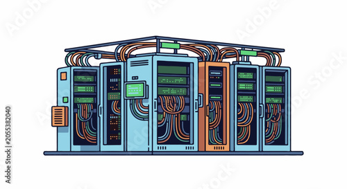 Stylized illustration of a server rack with multiple cabinets, cables, and screens