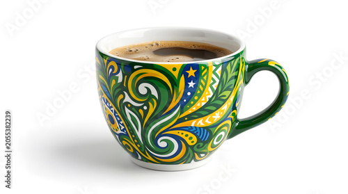 Ceramic coffee cup with vibrant green yellow and blue brazilian pattern.