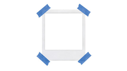 Empty polaroid photo frame with blue tape on corners isolated on transparent background