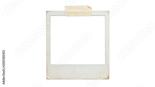 Old vintage polaroid photo frame with tape isolated on transparent background